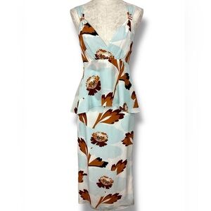 Anthropologie Pamela light Blue Silk Sleeveless Peplum Midi Dress Brown floral
